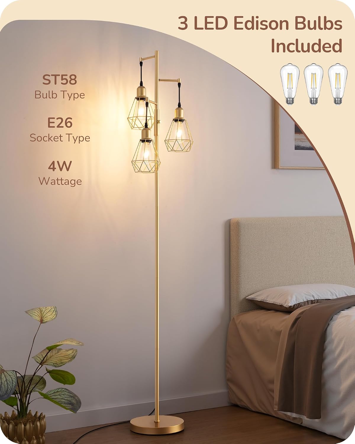 Edishine 70'' Dimmable Industrial Floor Lamp, Farmhouse Standing Lamps Diamond-Shaped Lampshade, 3 LED Edison Bulbs Included, Modern Rustic…