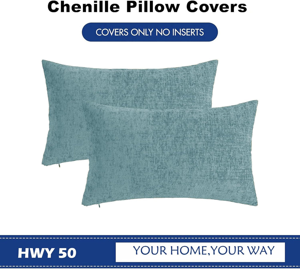 Hwy50 HWY 50 Smoky Blue Lumbar Pillow Covers 12x20 Inch Pack of 2, Soft Chenille Decorative Throw Pillow Covers Farmhouse for Couch Sofa Li…