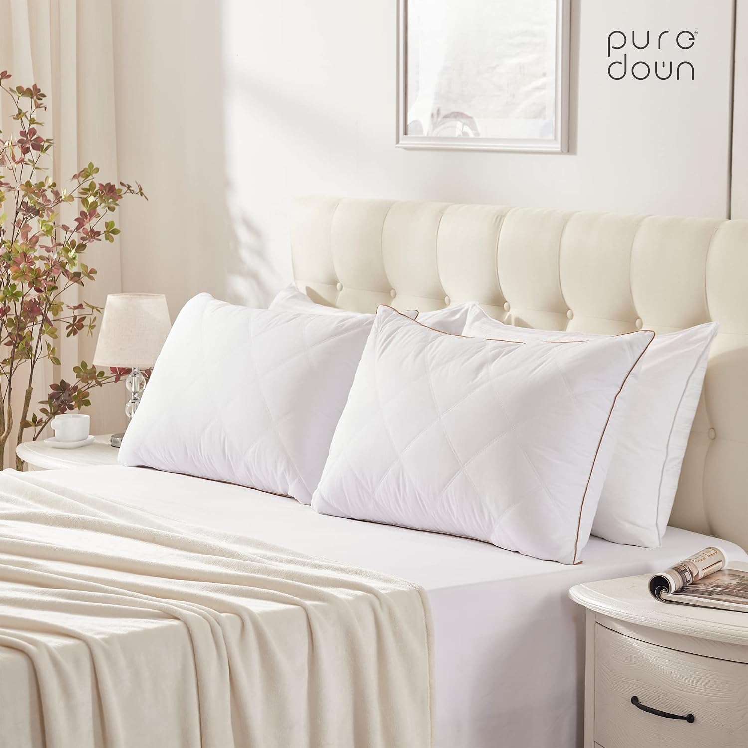 puredown® Goose Feathers and Down Pillow with Diamond Quilting with 100% Cotton Cover, Pack of 1, King Size