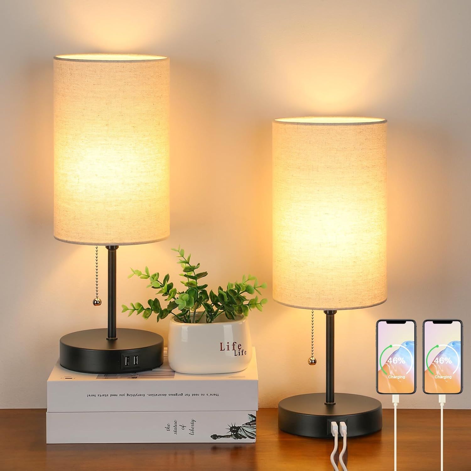 2 Sets Table Lamps with 2 USB, Minimalist Beside lamps for Bedroom, Nightstand Lamps with Pull Chain, Desk Lamps with Cream Fabric Shade…