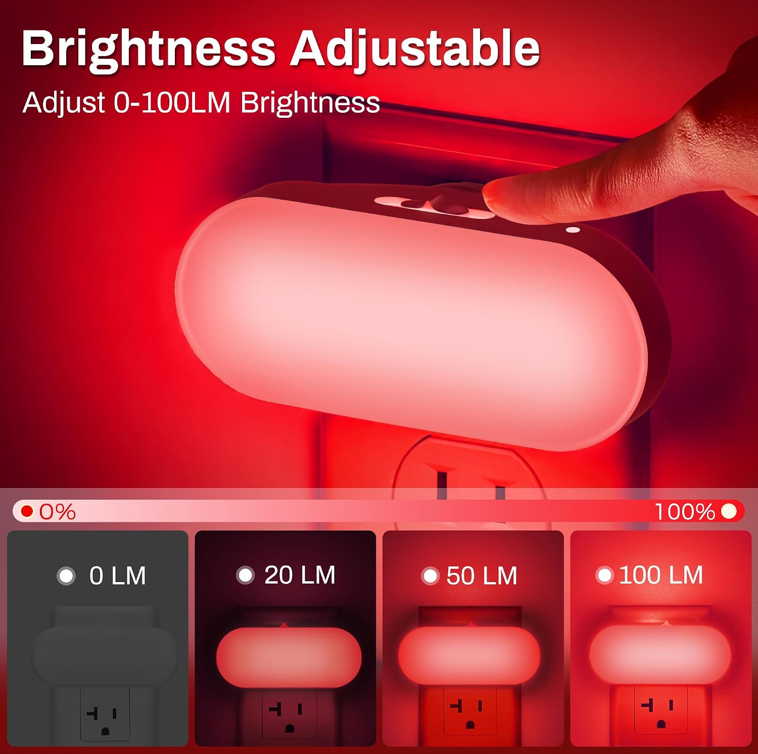 DORESshop Red Night Light, Auto On/Off, 0-100 LM Adjustable Brightness, Dimmable Plug Into Wall Light Sensor Night Light for Kids Room…