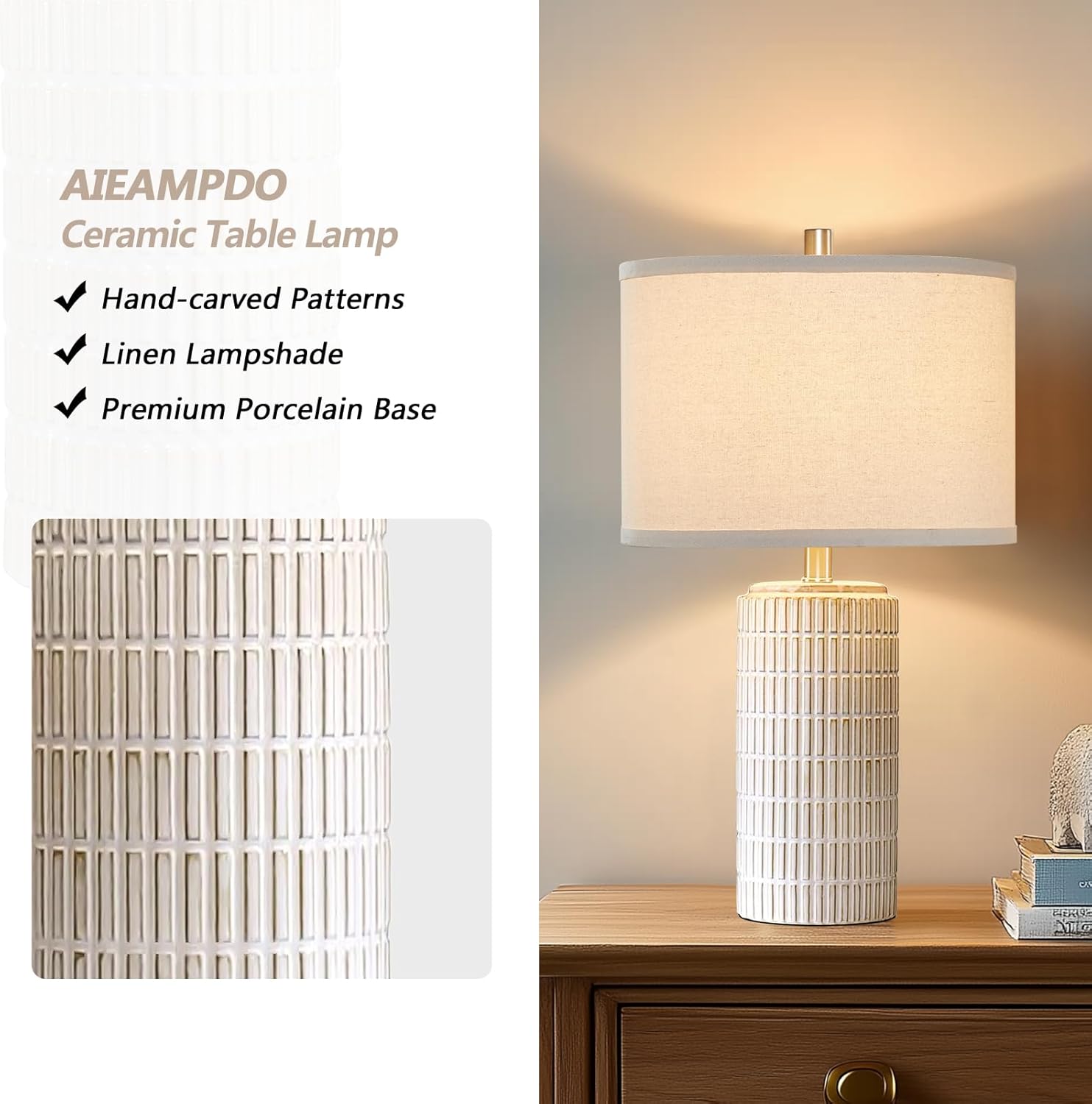 AIEAMPDO 23'' Set of 2 Modern Ceramic Table Lamps for Living Room Bedroom, Nightstand Farmhouse Beige White Desk Lamp for Bedside End…