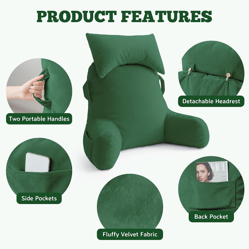 Unisakey Portable Reading Pillows with Headrest for Bed Sitting Up(Green Oeko-Tex), Velvet Back Pillow with Arms & Pockets for Adults…