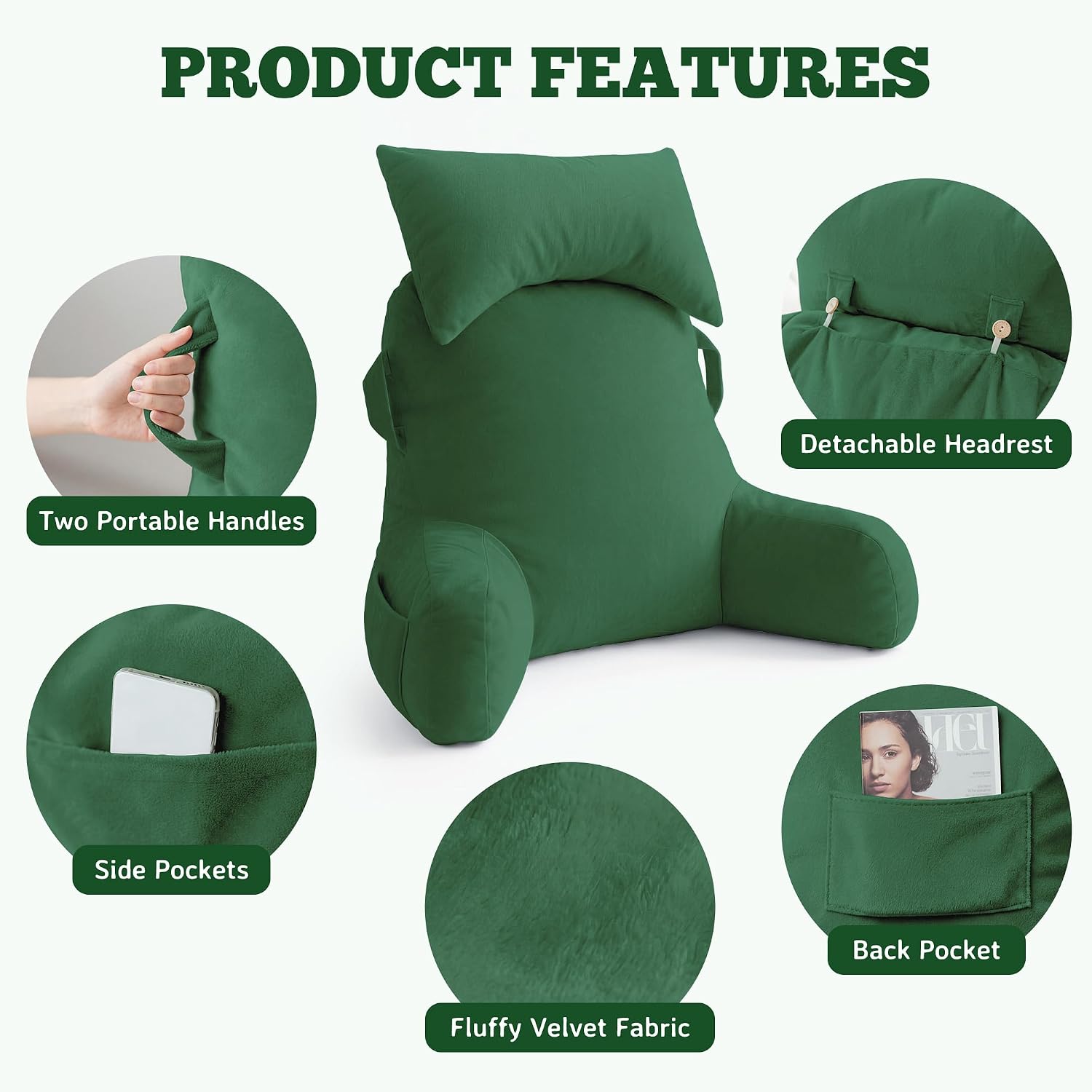 Unisakey Portable Reading Pillows with Headrest for Bed Sitting Up(Green Oeko-Tex), Velvet Back Pillow with Arms & Pockets for Adults…