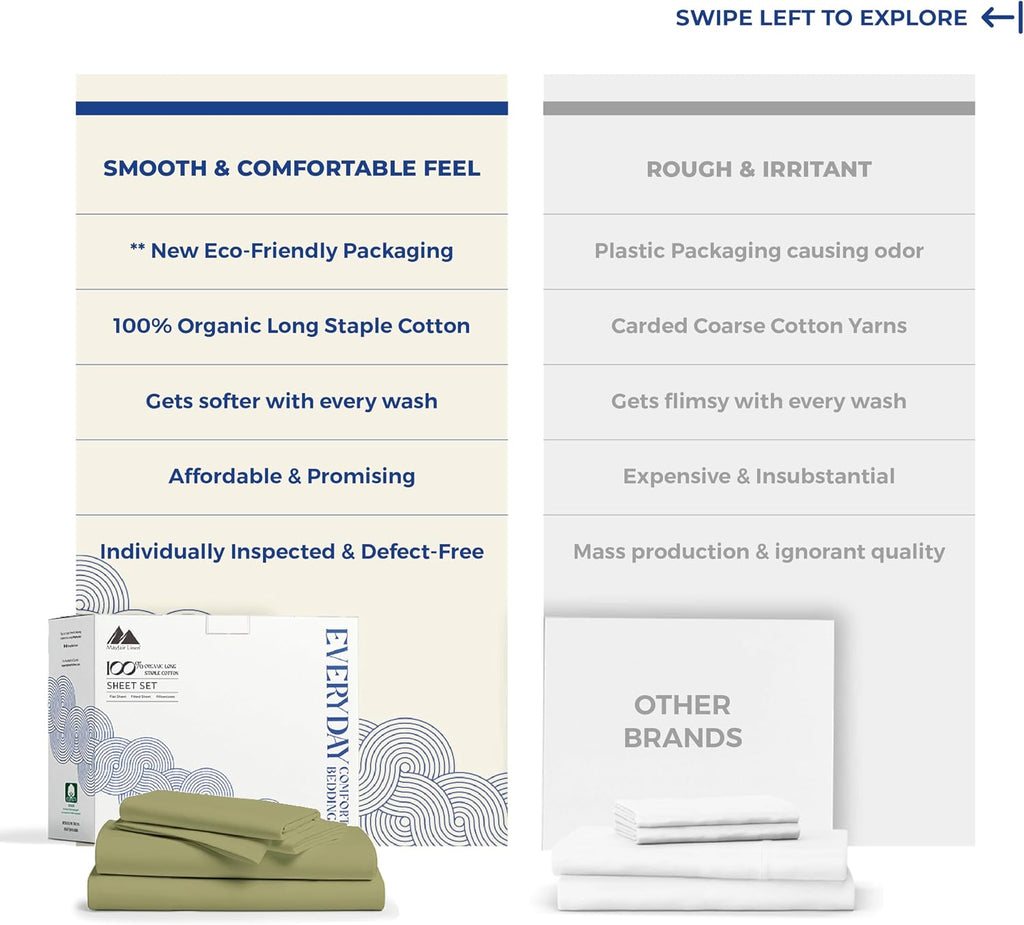 Mayfair Linen 100% Organic Cotton Sheets King Size - 4 PC Organic Cotton King Percale Weave Sheet Set, Soft, Cooling, Crisp & Breathable…