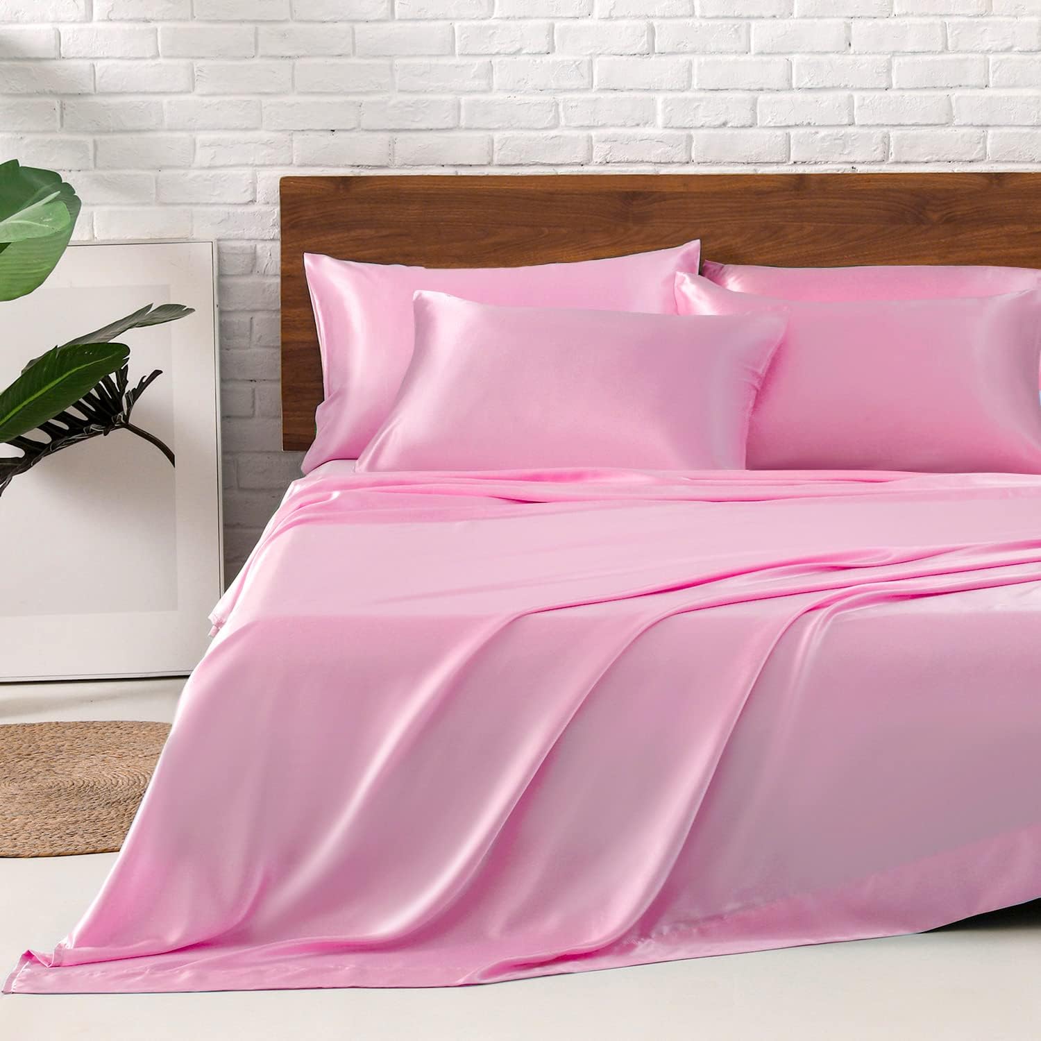 MR&HM Satin Bed Sheets, King Size Sheets Set, 6 Pcs Silky Bedding Set with 15 Inches Deep Pocket for Mattress (King, Pink) 6 Pcs 15 In…