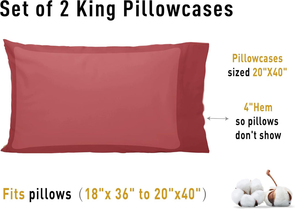 Sunflower King Pillowcases Set of 2, 100% Cotton King Size Pillow Cases 2, 20×40 inches Jester Red, Soft and Breathable