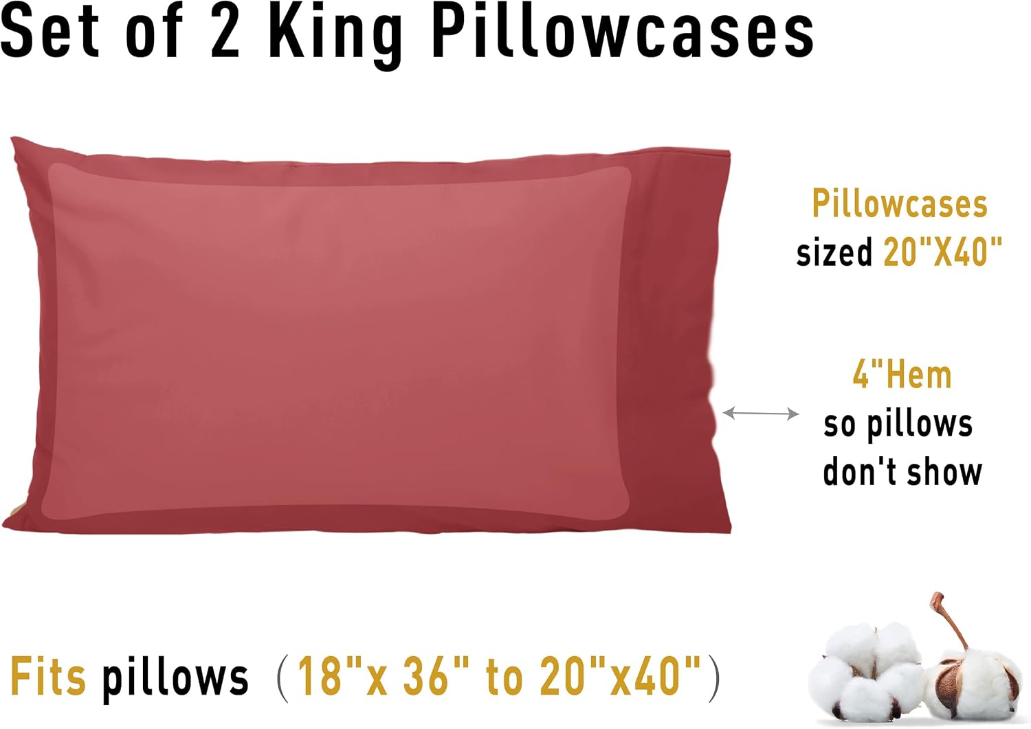 Sunflower King Pillowcases Set of 2, 100% Cotton King Size Pillow Cases 2, 20×40 inches Jester Red, Soft and Breathable