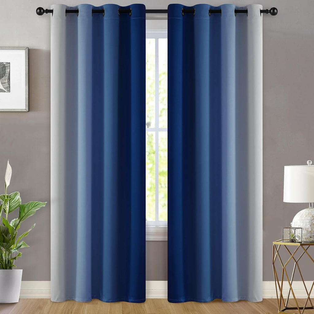 Yakamok Greyish White and Royal Blue Ombre Curtains, Light Blocking Curtains, Room Darkening Grommet Window Drapes for Bedroom(Royal Blue,52x…