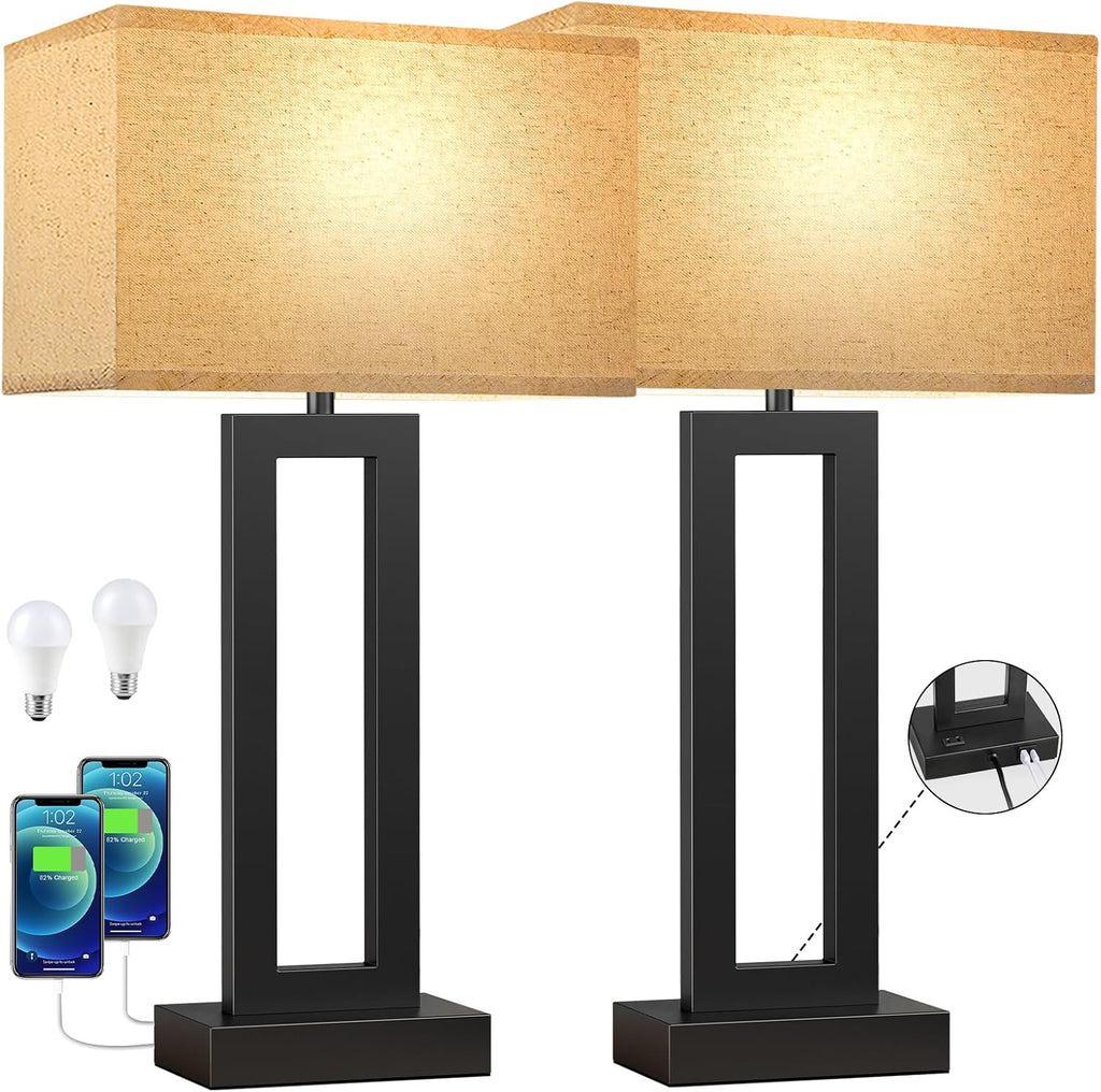 Seealle 26.3in Big Bedroom Table Lamps Set of 2 -Touch Control, 3 Way Dimmable, USB C+A Charging, LED Bulbs, Easy Assembly
