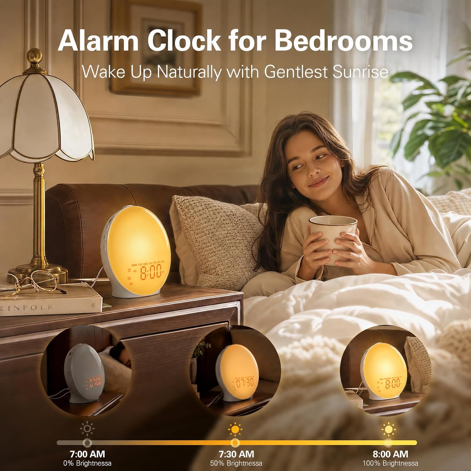 JALL Full-Screen Wake Up Light Sunrise Alarm Clocks for Bedrooms, White Noise Machine for Heavy Sleepers & Kids, 25 Natural Sounds, Dual…