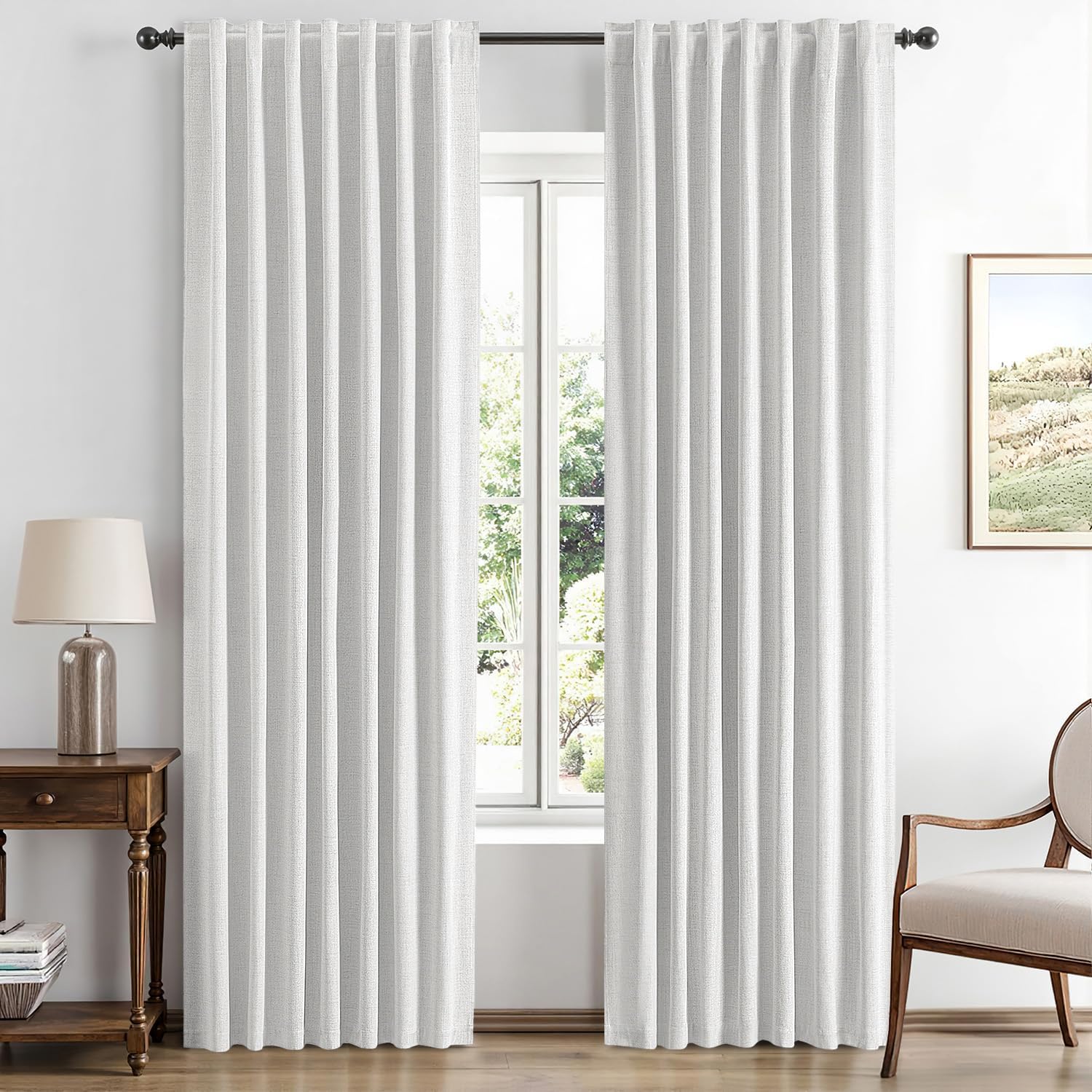 Miulee 100% Blackout Linen Curtains for Bedroom, Heathered White Solid Luxury Decor Thermal Insulation Room Darkening Drapes for Living Roo…