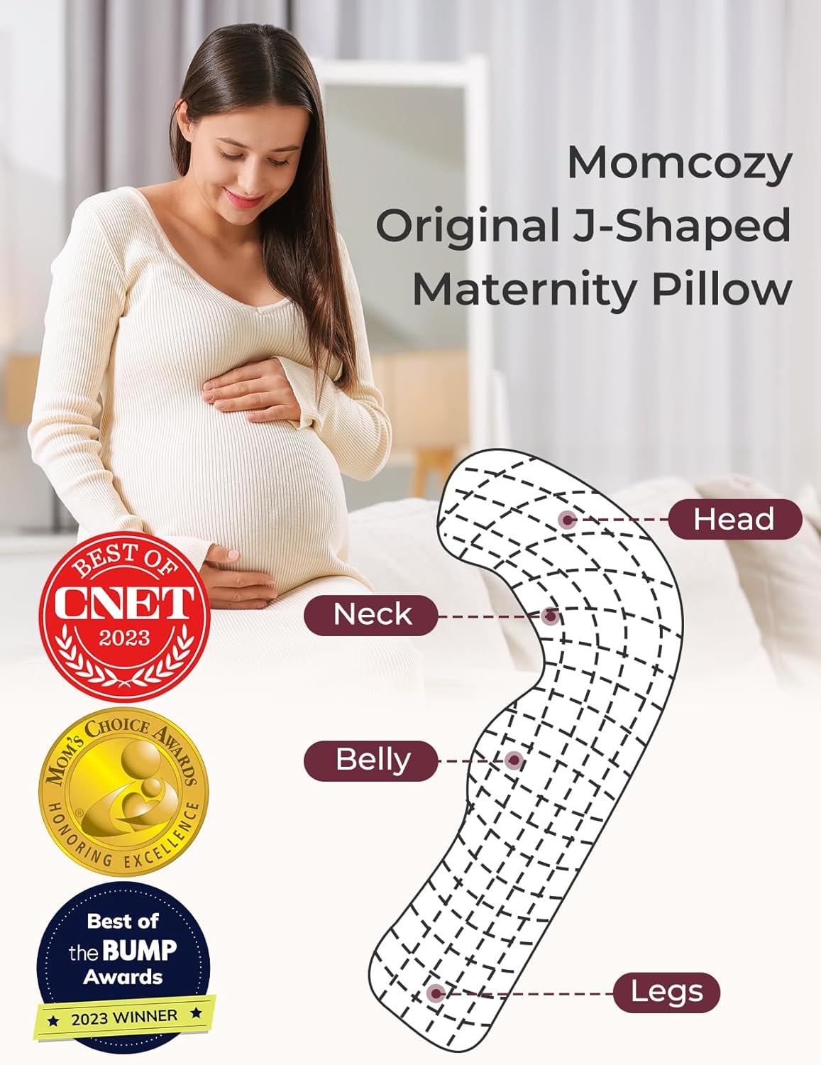 Momcozy Pregnancy Pillows for Side Sleeping, J Shaped Maternity Body Pillow for Pregnancy, Soft Pregnancy Pillow with Jersey Cover for Head…