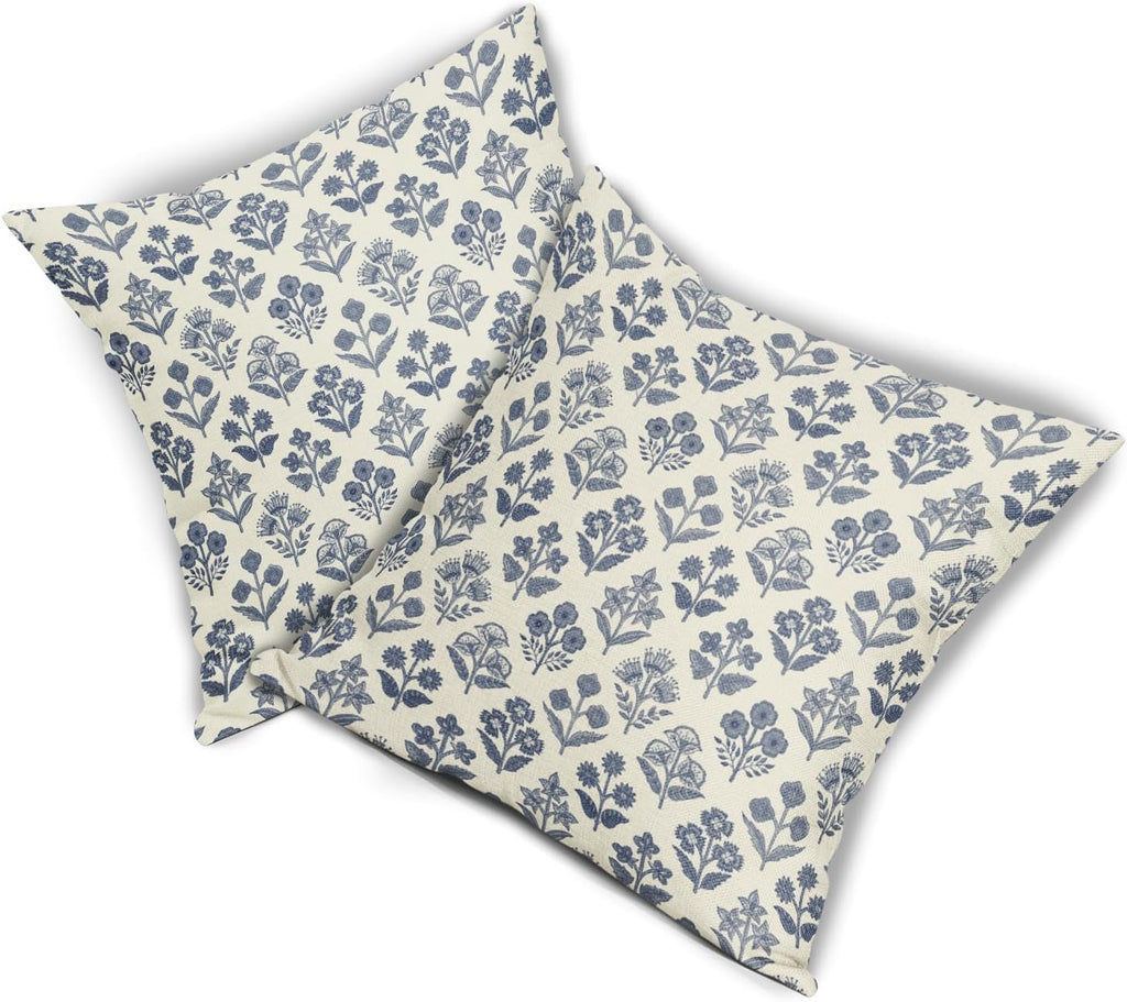Dark Blue Floral Block Print Pillow Covers 16x16 Inch Set of 2, Vintage Flower Pattern Decorative Throw Pillowcases Outdoor Farmhouse…