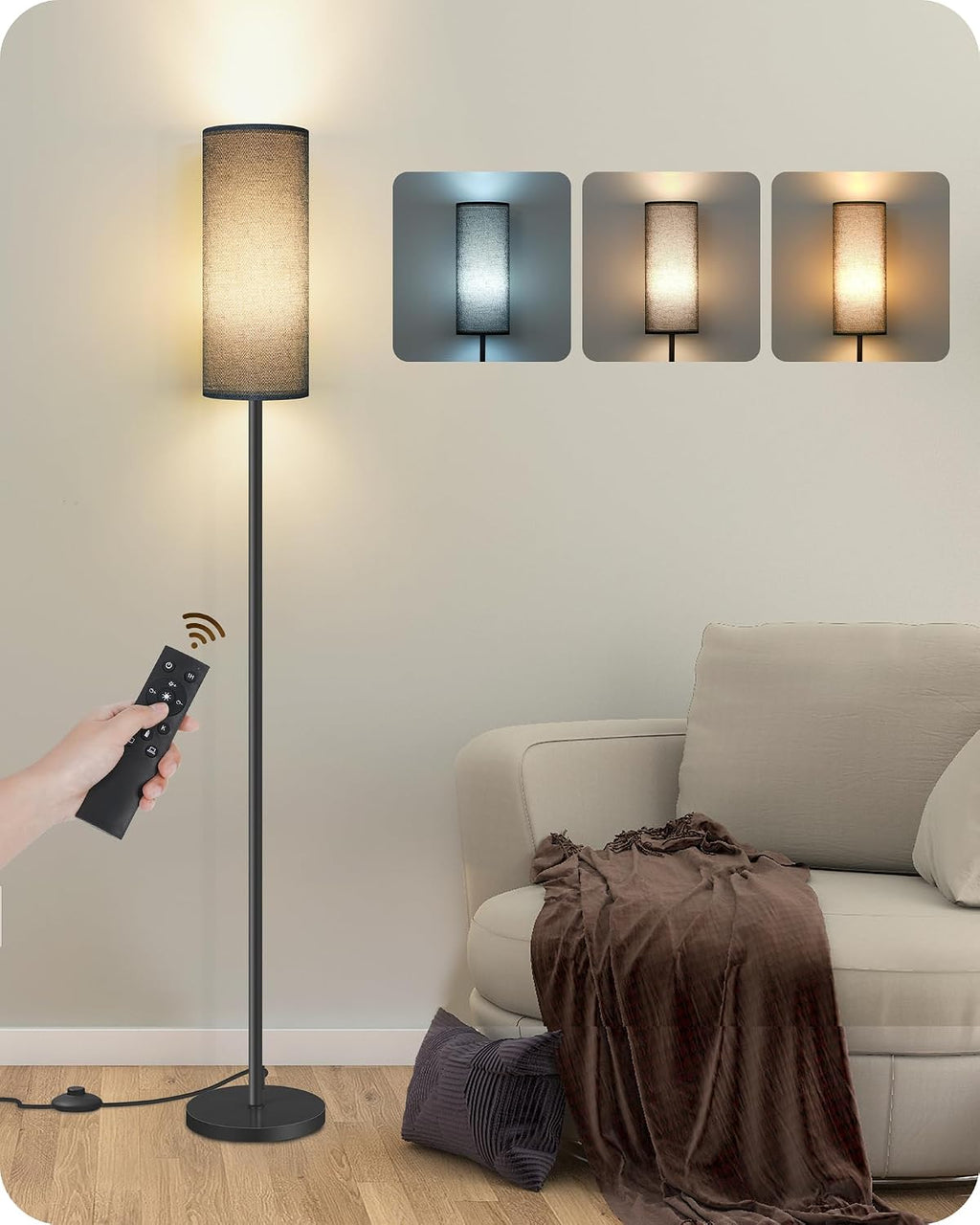 Dimmable Black Floor Lamp for Living Room with Remote and Foot Switch, Corner Floor Lamp for Bedroom, Modern Standing Tall Lamp, 10W…