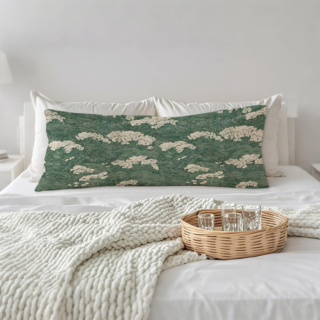 Japanese Waves 20x54 Body Pillow Cover, Japandi Home Decor, Traditional Oriental Forest Green Sea Waves Decorative Long Body Pillow Cases…