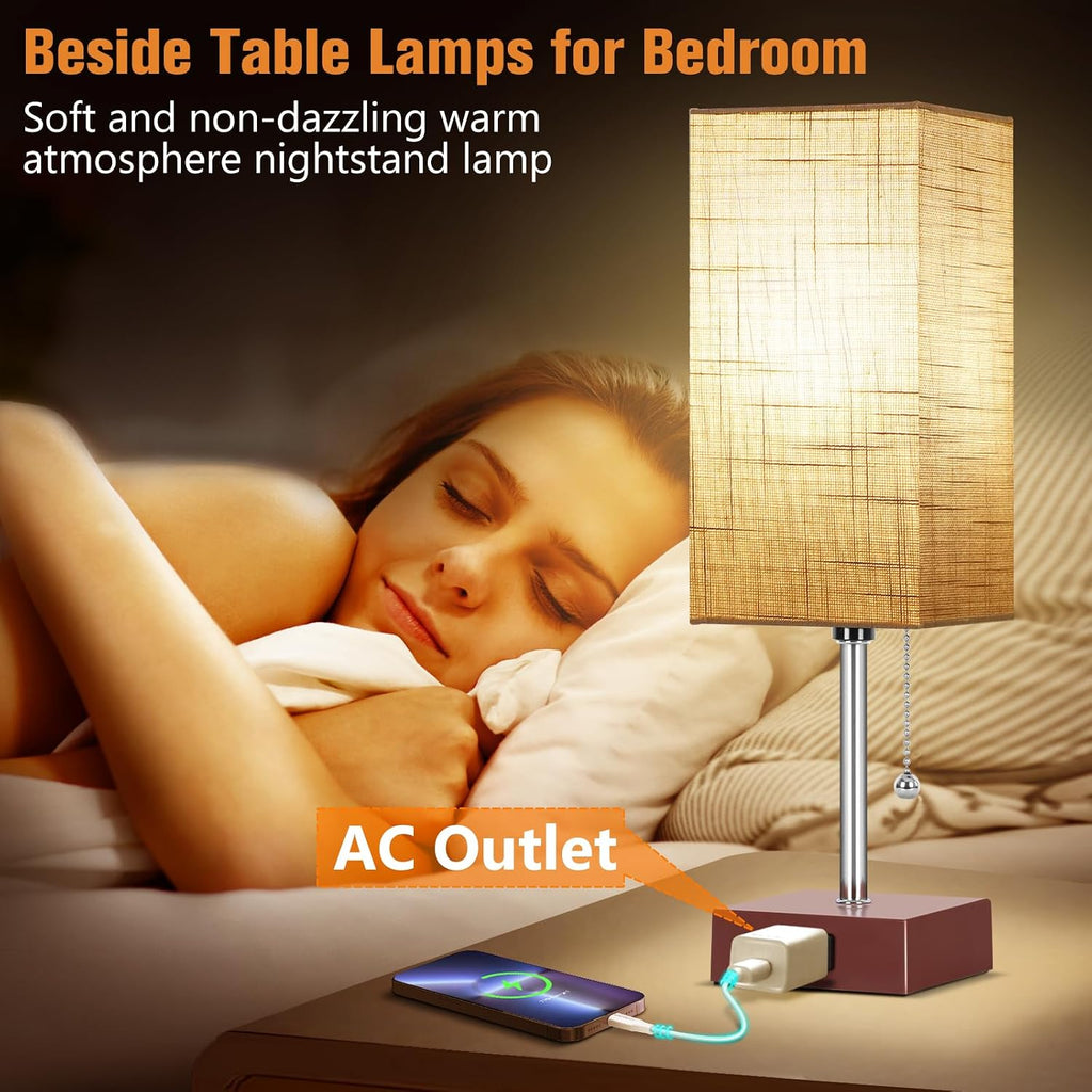 PLMMY Bedside Table Lamp for Bedroom Nightstand, 3 Color Pull Chain Nightstand Lamps Set of 2 with AC Outlets, Square Gray Lampshade…