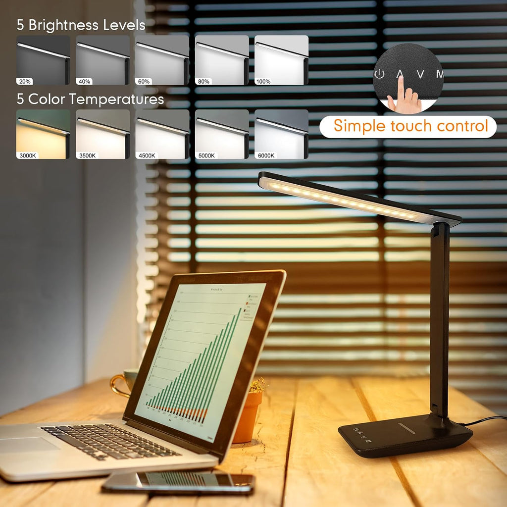 LED Desk Lamp Dimmable Table Lamp with USB Charging Port, 5 Lighting Modes, Sensitive Control, Foldable Portable Desk Light for Home…