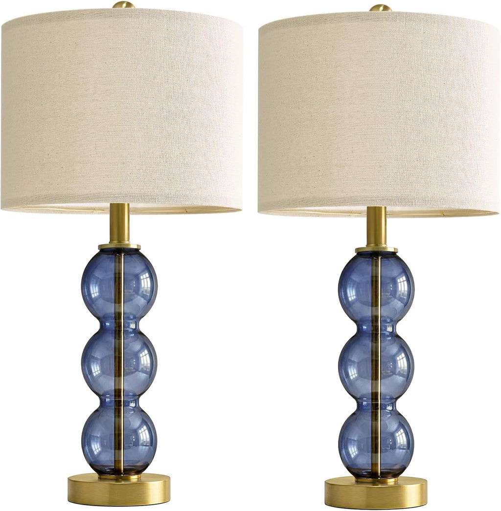 Oneach 25" Blue Table Lamps for Living Room, Glass Modern Table Lamp Set of 2, USB Charging Ports, Linen Shade, Bedside Lamps for Bedroom,…