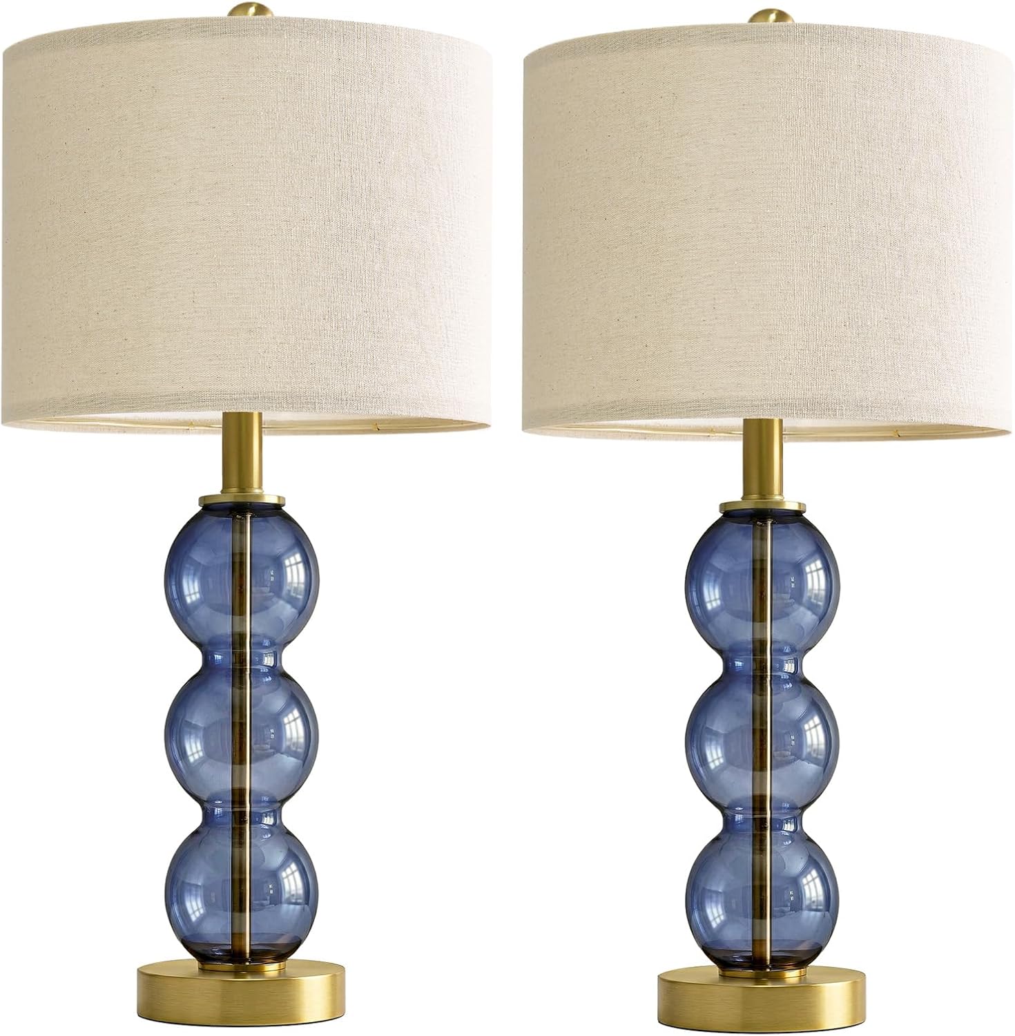 Oneach 25" Blue Table Lamps for Living Room, Glass Modern Table Lamp Set of 2, USB Charging Ports, Linen Shade, Bedside Lamps for Bedroom,…