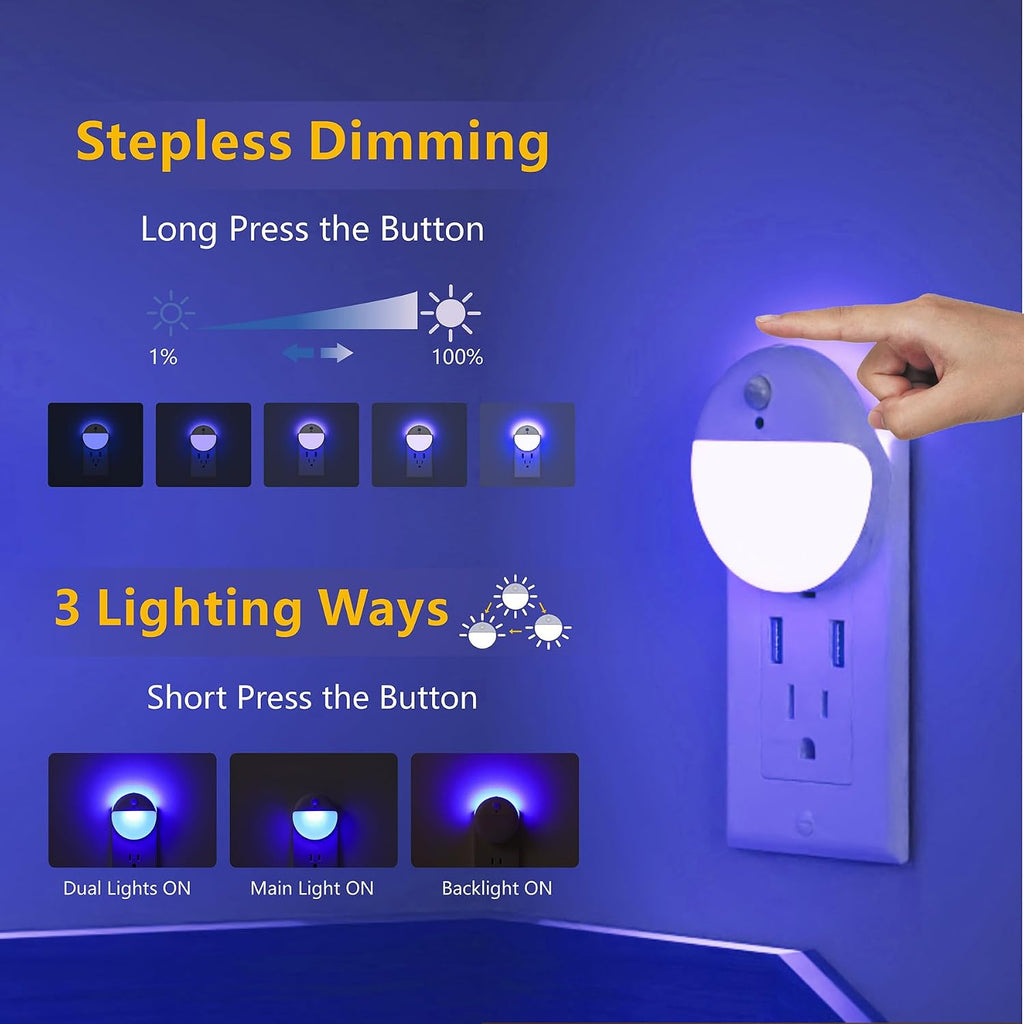 YUNLEX 2 Pack Plug in Night Light with Motion Sensor and Dusk to Dawn Sensor, Stepless Dimming, Blue LED Nightlight with 3 Lighting Ways…