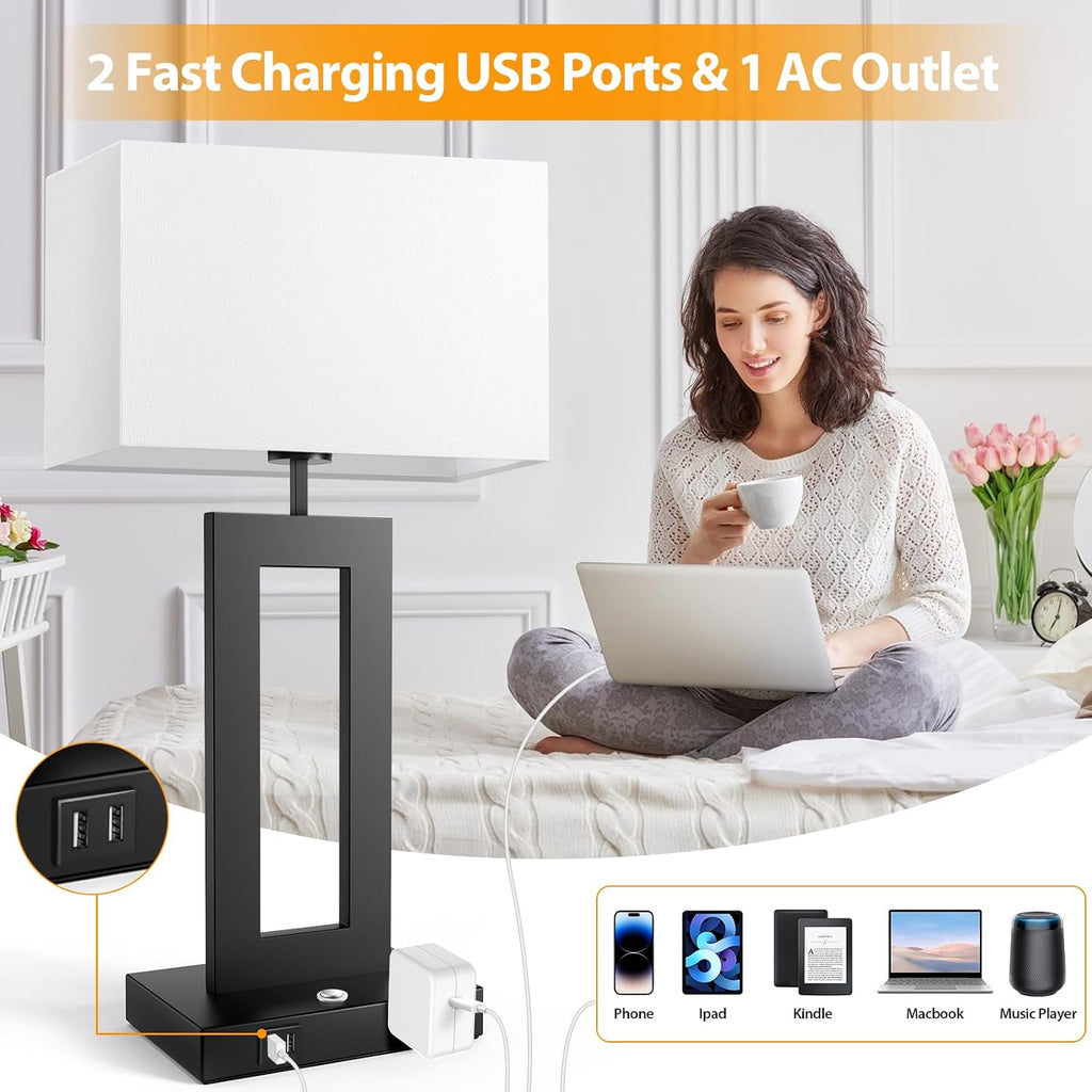 27.2’’ Tall Black Table Lamps for Living Room Bedroom, Bedside Touch Control Lamps with 2 USB Ports&AC Outlet, 3 Color Temp.&Stepless…