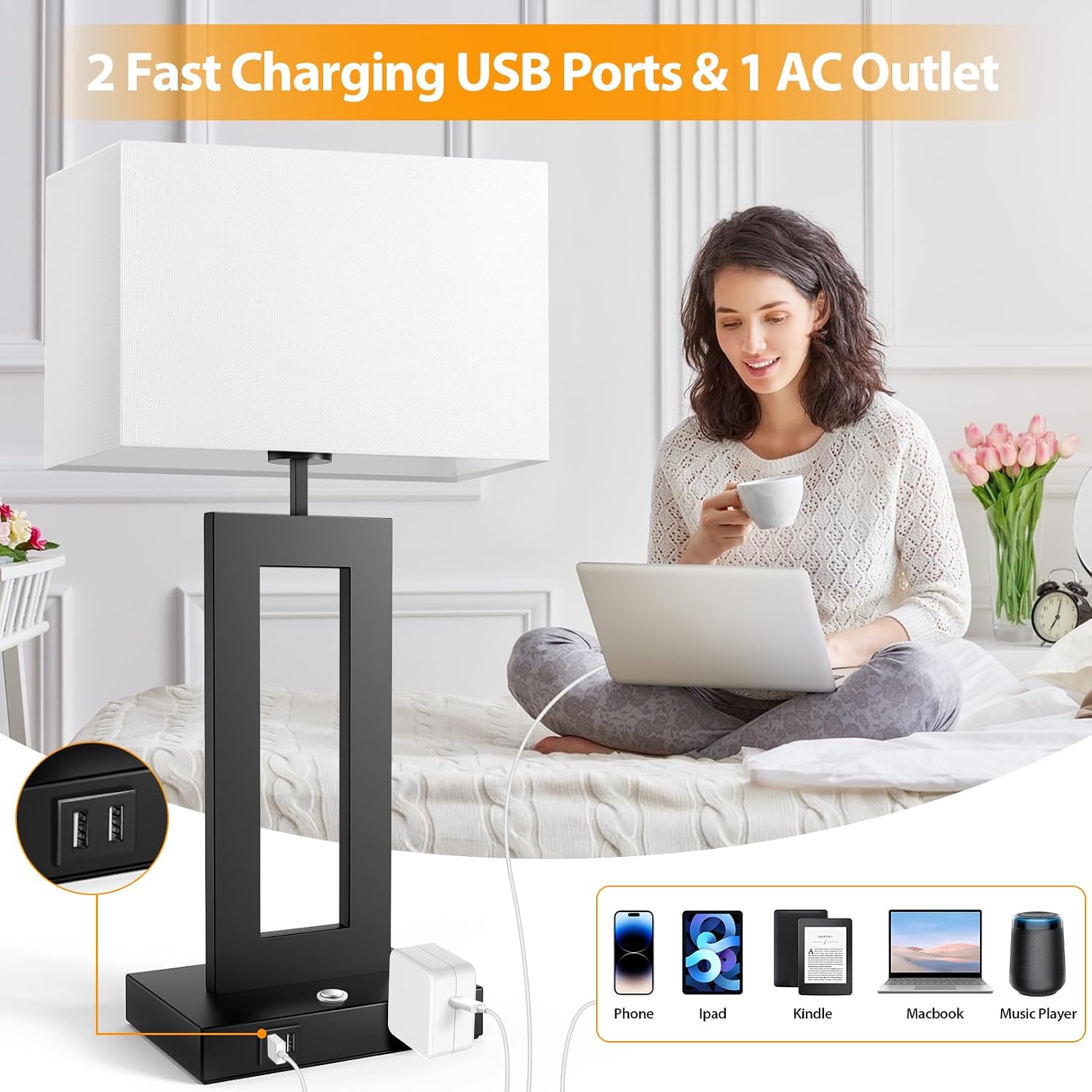 27.2’’ Tall Black Table Lamps for Living Room Bedroom, Bedside Touch Control Lamps with 2 USB Ports&AC Outlet, 3 Color Temp.&Stepless…