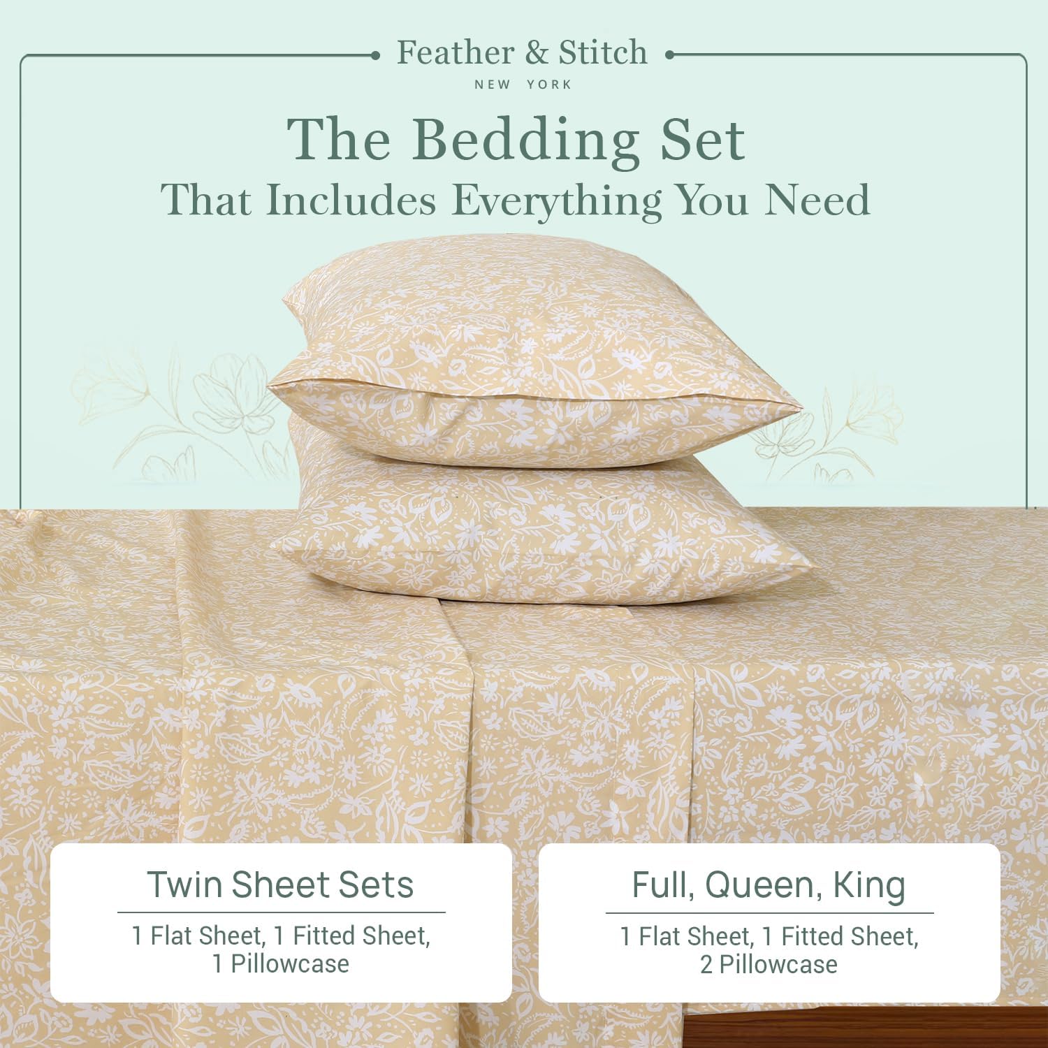 Featherstitchnewyork Feather & Stitch Softest 100% Cotton Sheets, 300 Thread Count Percale Weave Bedding, 16" Deep Pocket, Cooling Sheets,…
