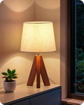 Tripod Table Lamp, 14.6 Inch Small Bedside Lamp with Beige Linen Shade, Modern Nightstand Lamp for Bedroom, Kids Room, Living Room…