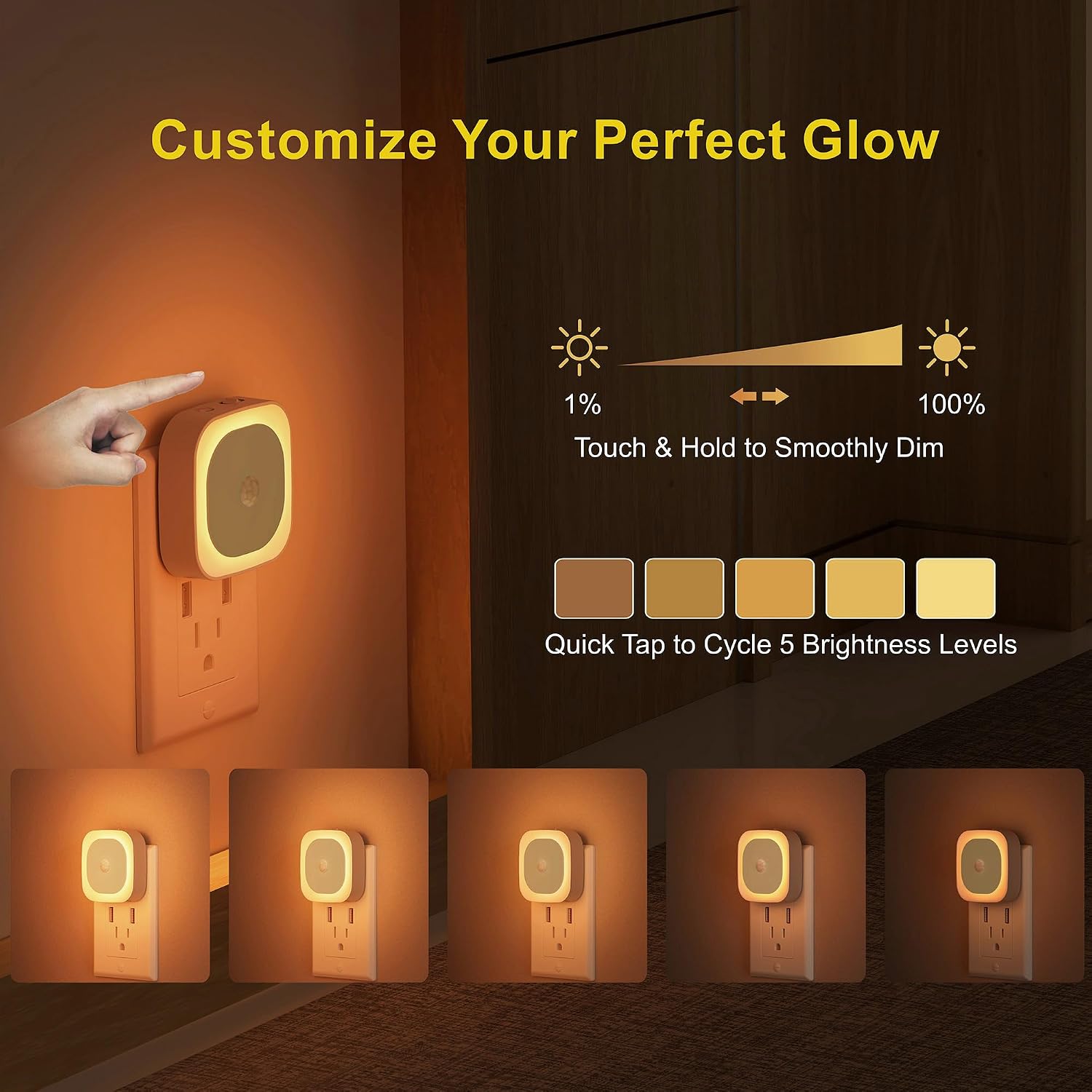 YUNLEX 2 Pack Plug in Amber Night Light with Motion Sensor & Dusk to Dawn Sensor, 3 Sensor Modes, Dimmable Night Lights Plug into Wall…