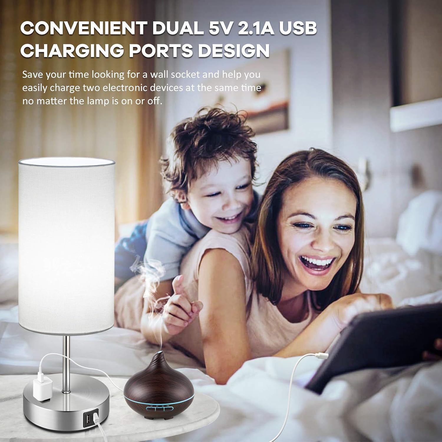 Brightever Set of 2 Touch Control Table Lamps with 2 USB Charging Ports&AC Outlet, 3-Way Dimmable Bedside Nightstand Lamps with White Fabri…