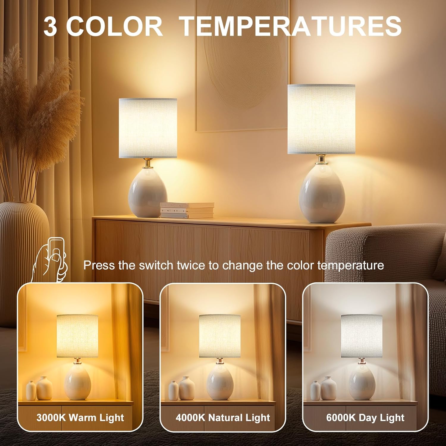 Dawnwake 18.5" Table Lamps Set of 2 for Living Room Bedroom, Bedside Lamps for Night Stands, Modern Linen White Ceramic Lamps