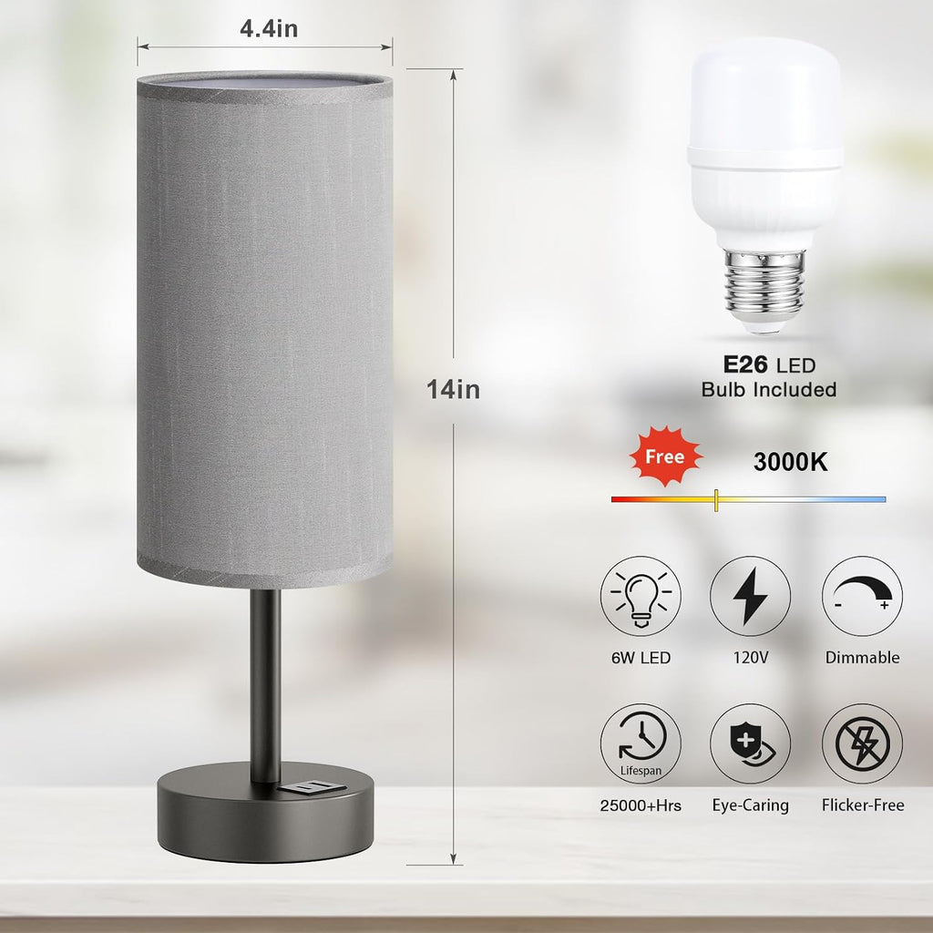 Dicoool Small Touch Bedside Lamp with USB - 3 Way Dimmable Grey Table Lamp for Bedroom, Nightstand Lamp with Charging Station for Desk…