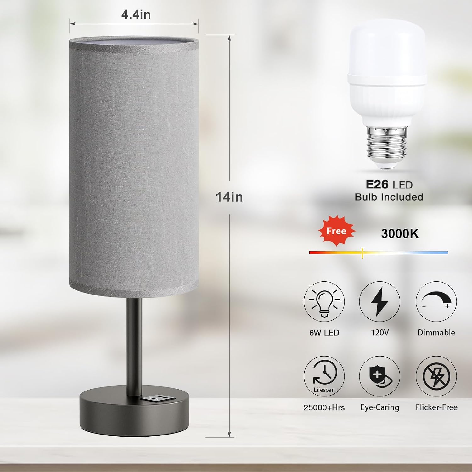 Dicoool Small Touch Bedside Lamp with USB - 3 Way Dimmable Grey Table Lamp for Bedroom, Nightstand Lamp with Charging Station for Desk…