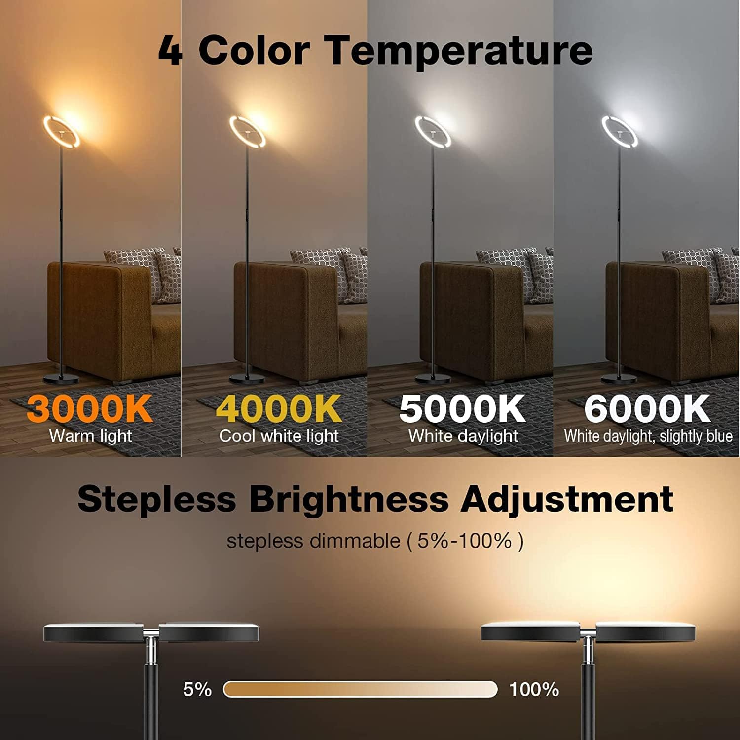 SIBRILLE LED Floor Lamp - Rotatable Standing Lamp with Touch & Remote Control, 3000-6000K, 22W Modern Floor Reading Light, Dimmable…