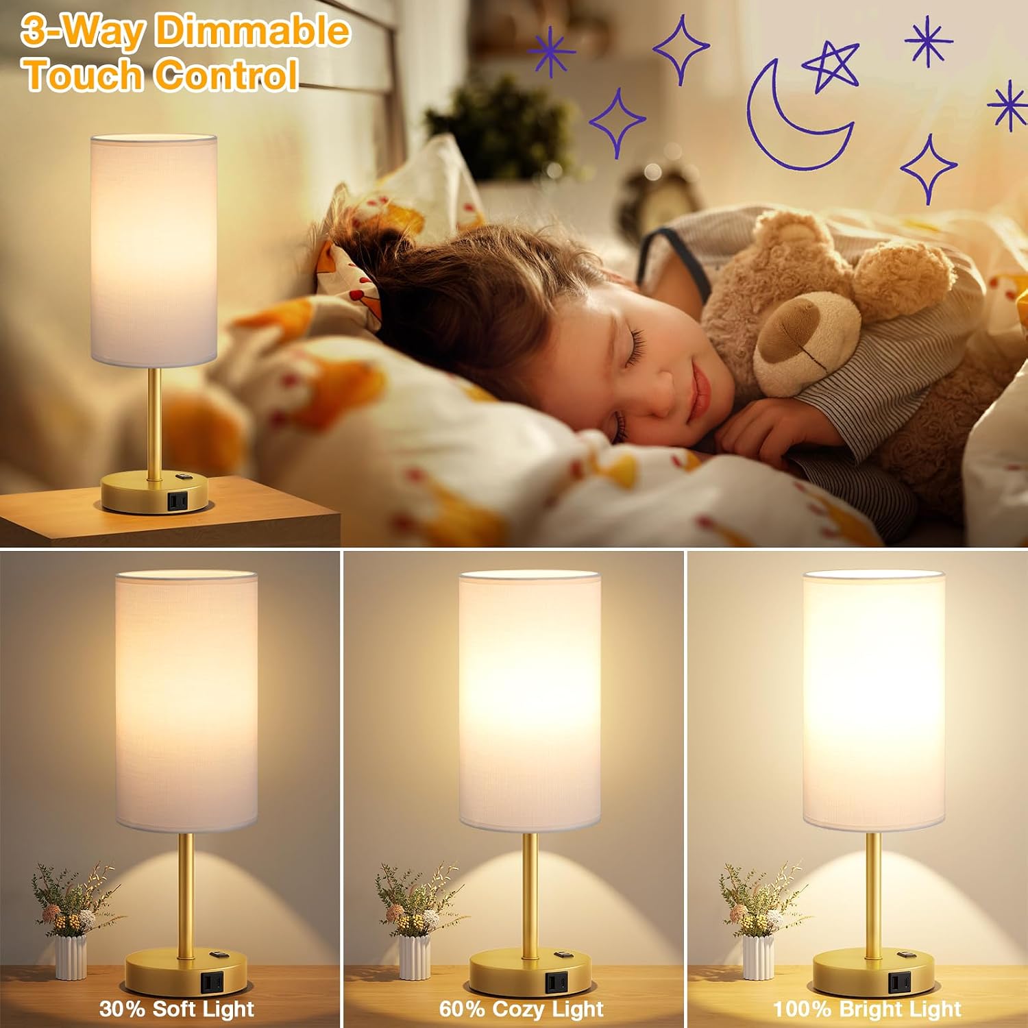 Dicoool Touch Bedside Table Lamp with USB - 3 Way Dimmable Gold Lamp for Bedroom Nightstand, Desk Lamp with Charging Station for Dorm…