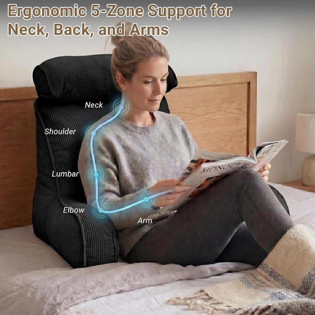 Reading Pillow for Bed with Detachable Neck Roll and Shredded Memory Foam, Back Pillow with Arms for Sitting Up, Washable Bed Rest Pillow…