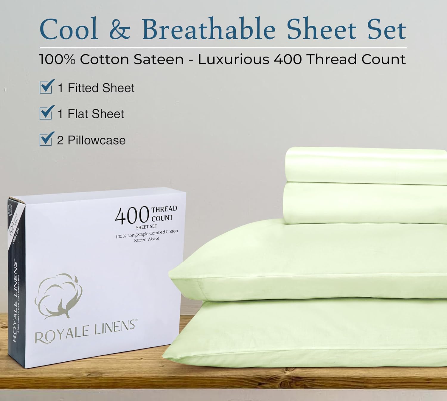 Royalelinens ROYALE LINENS 400 Thread Count 100% American Grown Cotton 4 Piece Sateen Full Sheet Set - 1 Fitted Sheet, 1 Flat Sheet, 2 Pill…