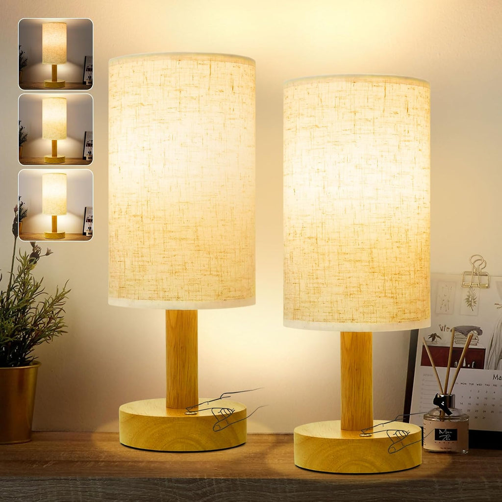 Small Cordless Touch Bedside Table Lamps Set of 2, Minimalist Dimmable Battery-Powered Desk Lamps with Round Fabric Linen Shade, Mini…