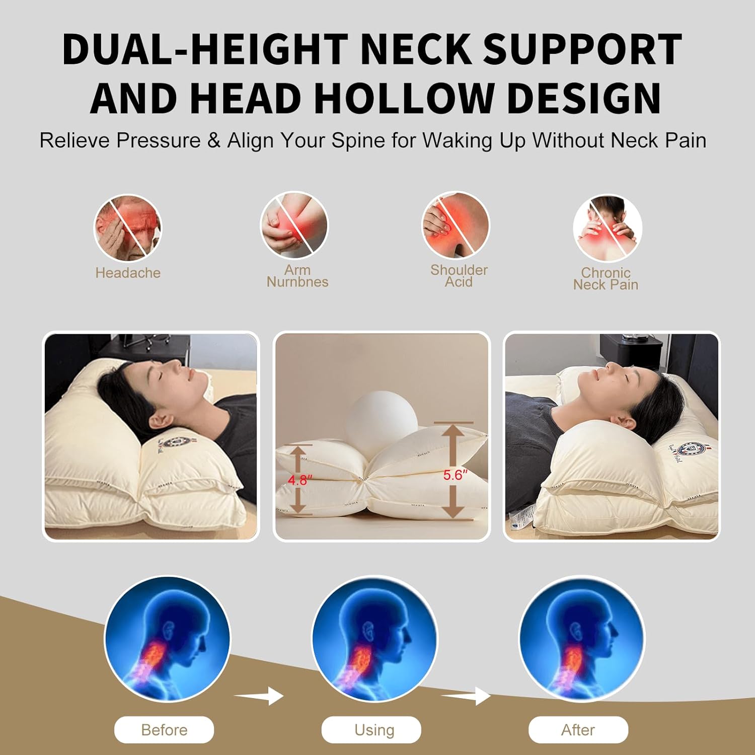 YOUPI Cervical Neck Pillow for sleeping, Ergonomic Design Bed Pillow for Side/Back/Stomach Sleeper, Dual-Height Support Pillow for N…