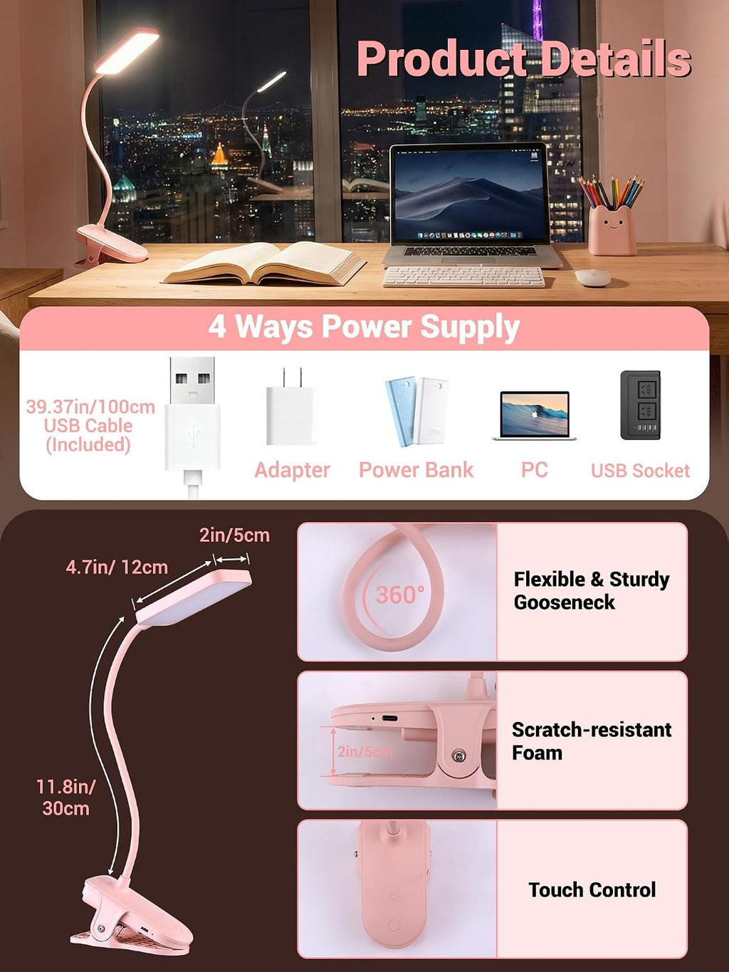 ReinHoo Pink Desk Lamp for Girls Bedroom,9 Brightness+5 Color Clip on Light,4000mAh Battery Rechargeable Desk Lamp Cute Lamp for Kid…