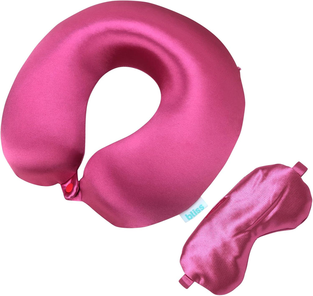 Bliss Neck Pillow Set - Lightweight U-Shaped Memory Foam Satin Travel Neck Pillow with Snap Closure and Matching Eye Mask for Airplane…