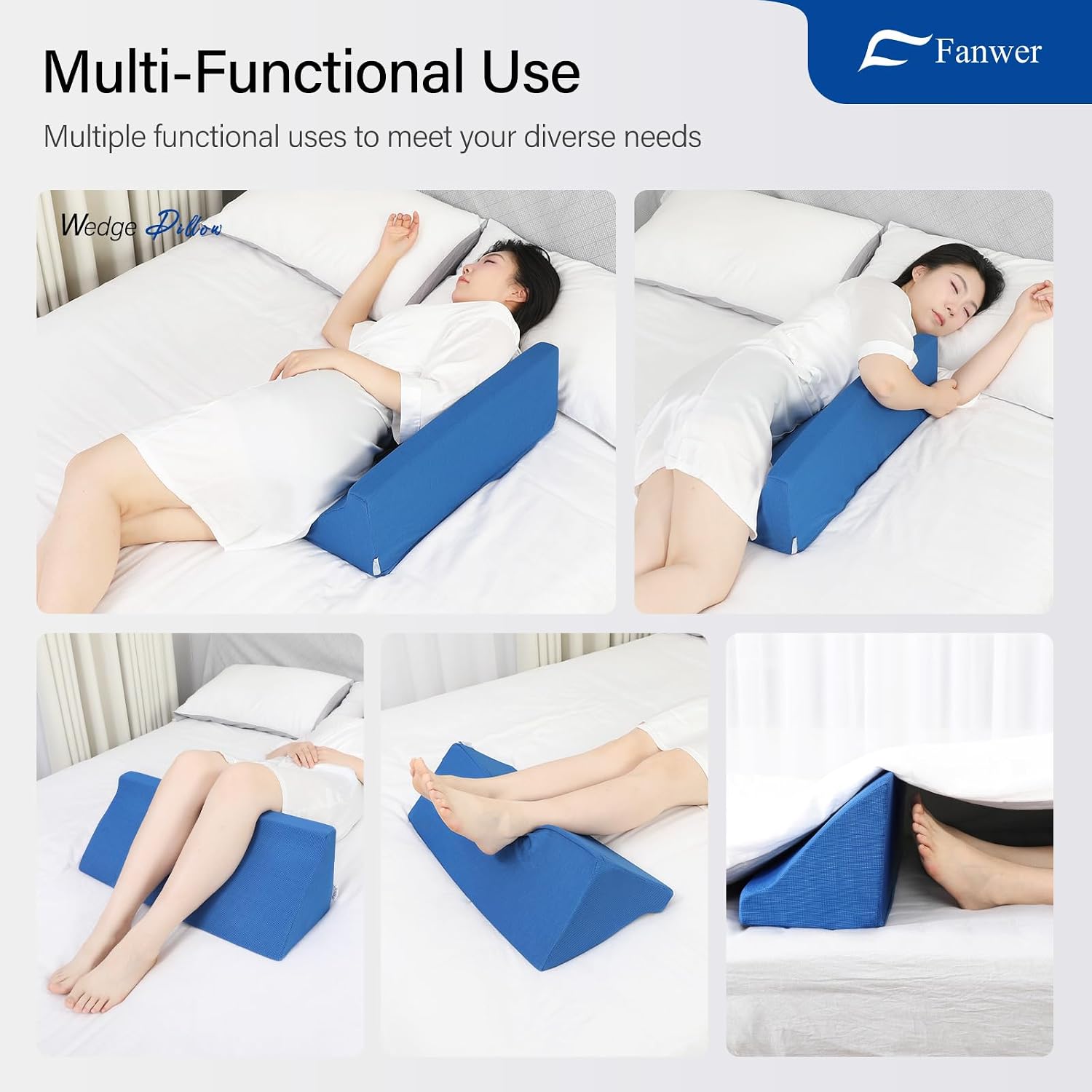 Fanwer 24in Bed Wedge Pillow for Sleeping Body Position Wedges Back Positioning Elevation Pillows Blue Pray Case Pregnancy Bedroom Eevated…