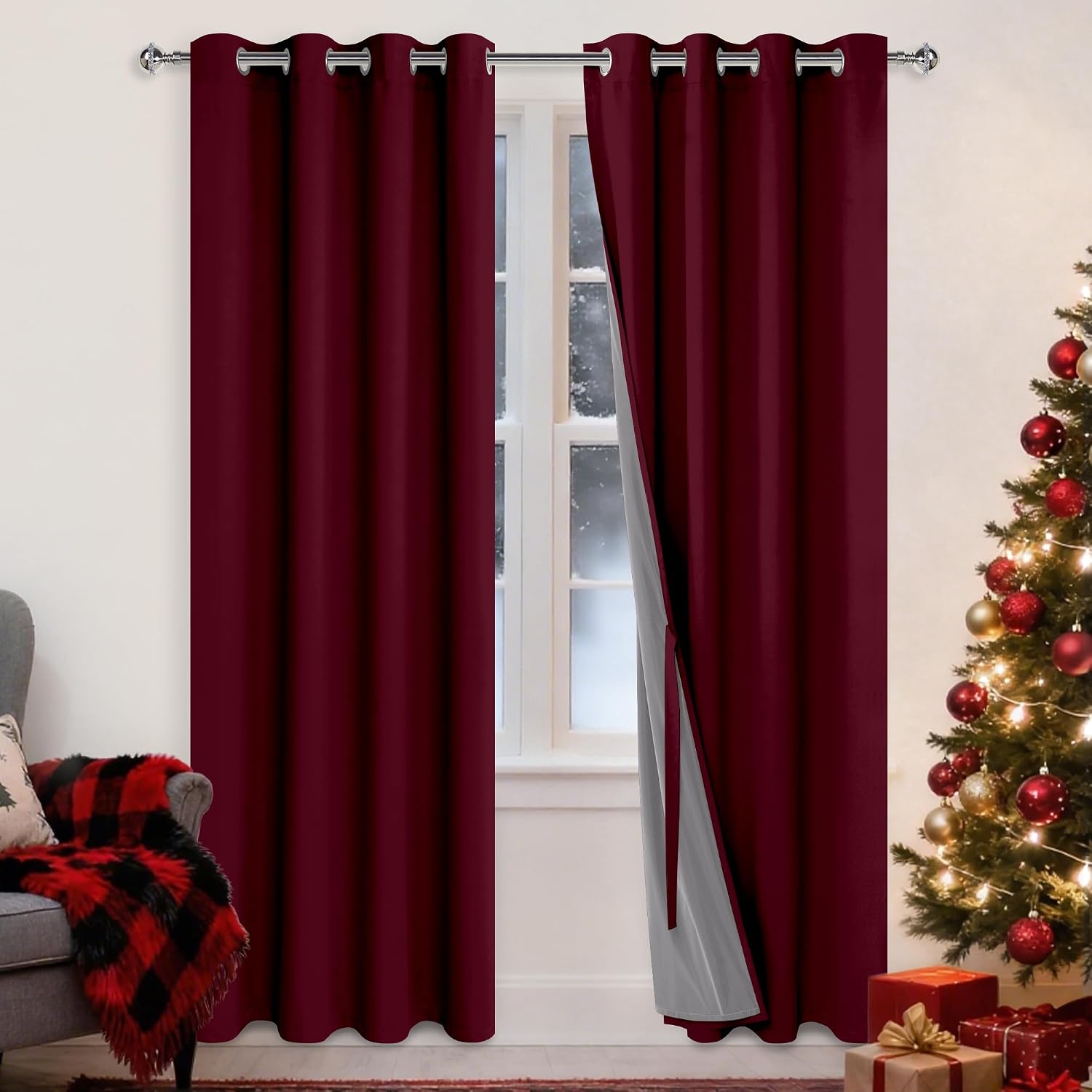 Xwzo 100% Blackout Curtains with Tiebacks- 2 Thick Layers Completely Shaded Window Treatment Thermal Insulated Lined Drapes with Grommets f…