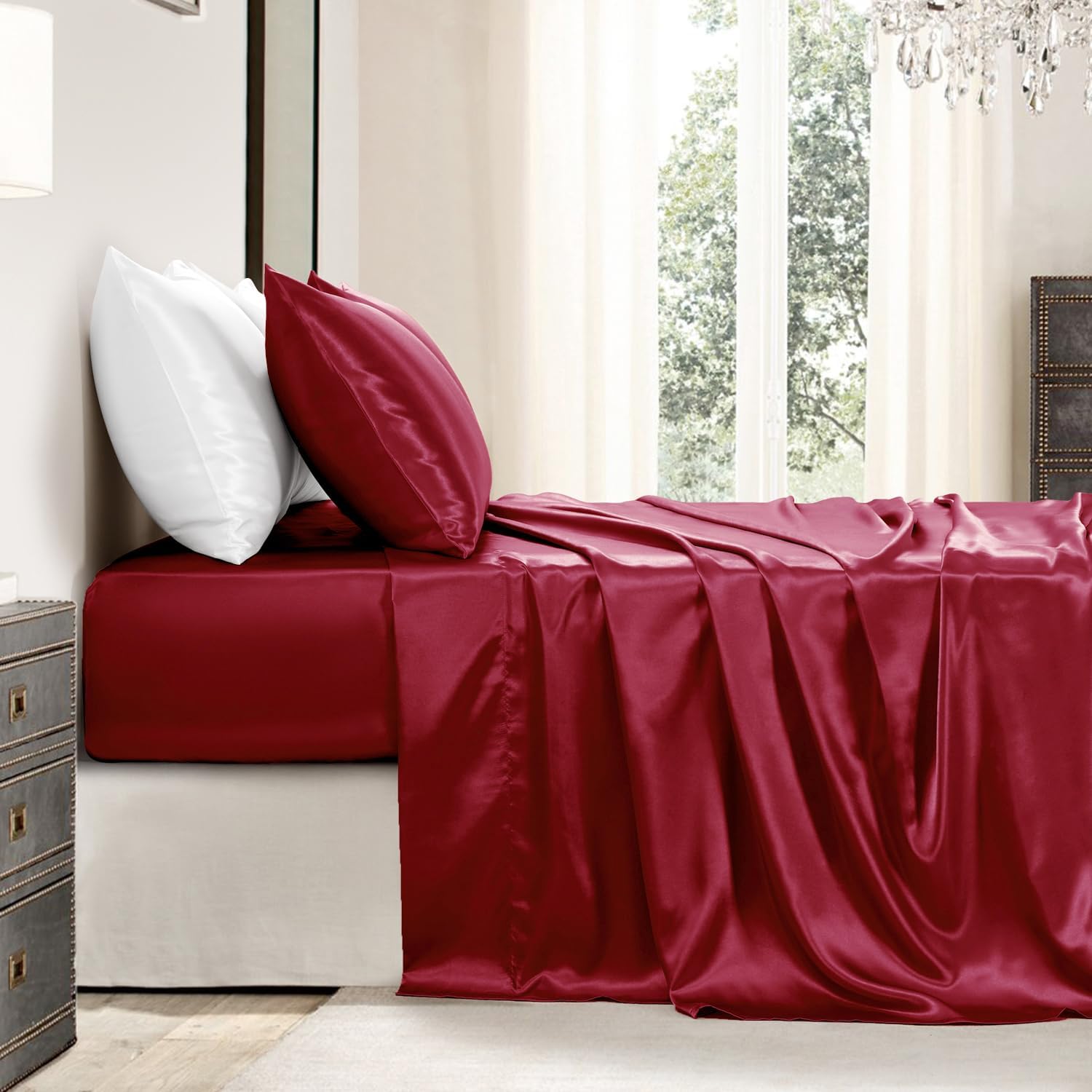 Golal Satin Sheets King Size - 4 Pieces Luxury Silky Soft Bed Sheets, Wrinkle-Free Burgundy Satin Silk Sheet Set with 1 Deep Pocket Fitted…