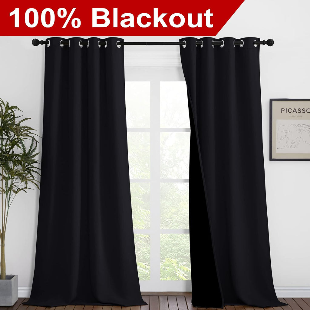 Nicetown Extra Long Truly Blackout Drapes for Hall and Villa, 46-inch Width Each Panel, 102-inch Length, Black, 2 Pieces, 100% Blackout Win…