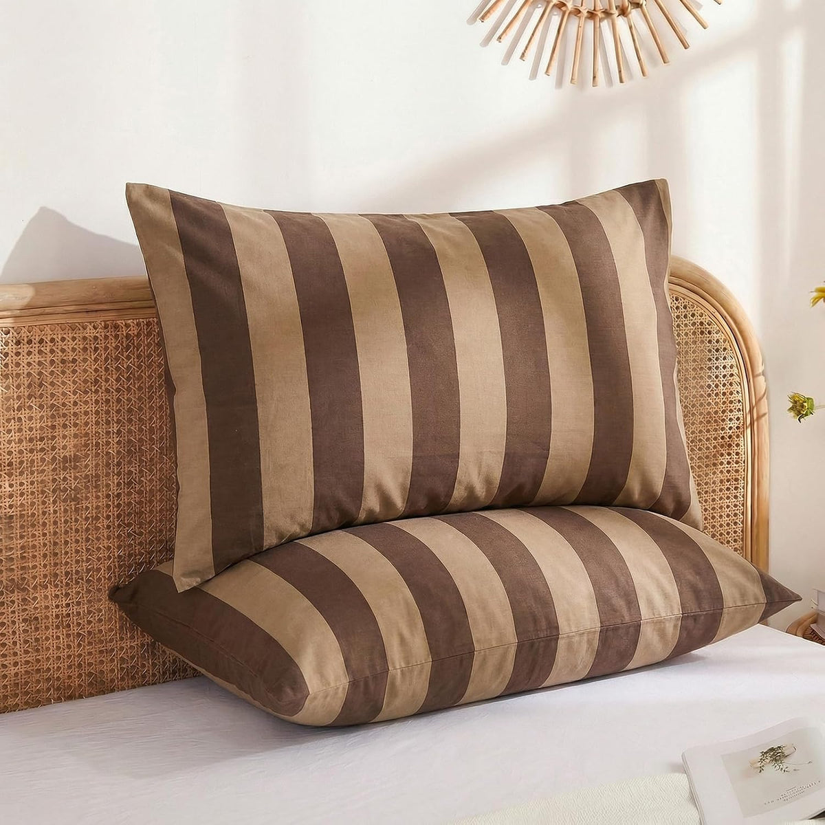 Merryword Queen Size Pillowcases, 100% Cotton Pillow Cases, Brown and Khaki Striped Pillowcases, Luxury Linen Like Pillowcase, Soft Breatha…