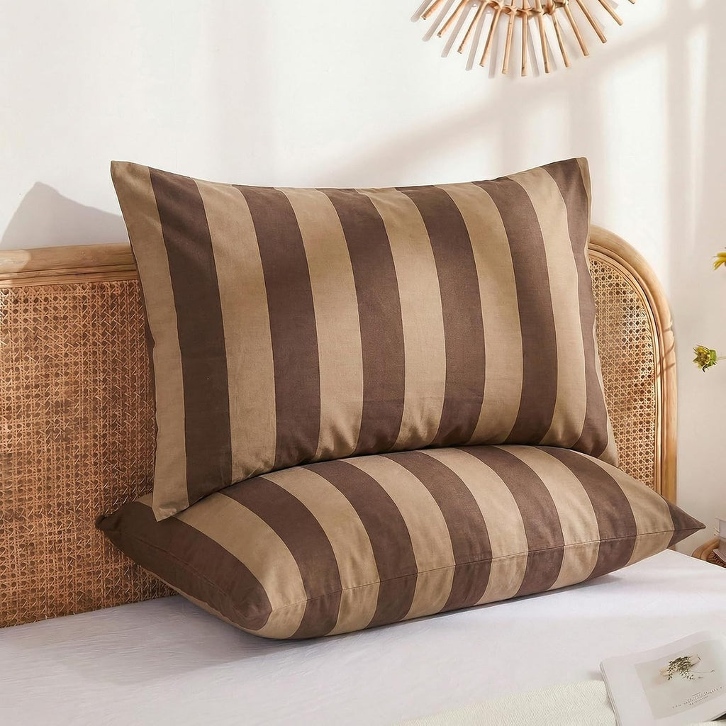 Merryword Standard Size Pillowcases, 100% Cotton Pillow Cases, Brown and Khaki Striped Pillowcases, Soft Breathable Wide Stripes Pillow Cov…