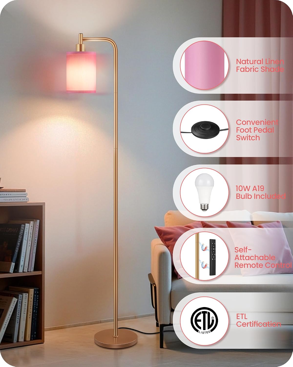 Dimmable Floor Lamp for Living Room with Remote and Foot Switch, Modern Standing, Corner Lamp,10W Bulb 3 Color Temperatures, for Bedroom…
