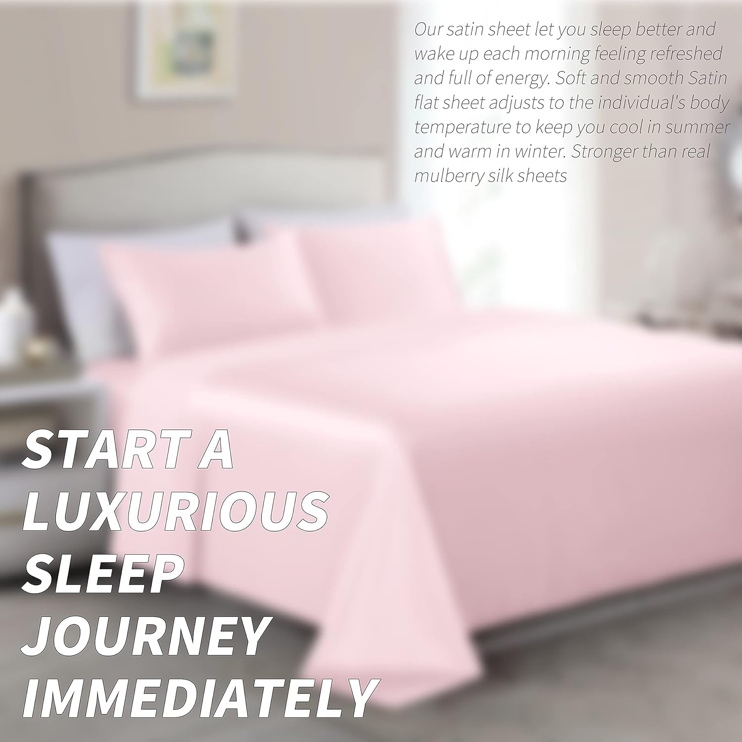 Cobedzy 3 Pcs Blush Pink Satin Sheets Twin XL Size Silky Satin Bedding Sheets Set with 1 Deep Pocket Fitted Sheet, 1 Flat Sheet, 1 Pillowca…